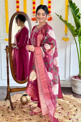 Burgundy graceful readymade viscosee chanderi fabric suit with embroidery work and printed