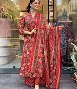 Red graceful readymade cotton fabric suit with designer printed