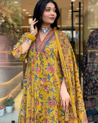 Yellow color graceful readymade cotton fabric suit with designer printed 3