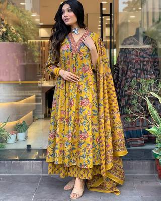 Yellow color graceful readymade cotton fabric suit with designer printed 4