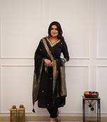 Black graceful readymade viscose chanderi fabric suit with wevon and embroidery work
