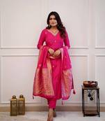 Pink graceful readymade viscose chanderi fabric suit with wevon and embroidery work