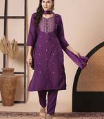 Purple rayon slub embroidered embroidered festive partywear readymade suit