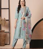 Sky blue viscosee chanderi fabric embroidered festive partywear readymade suit