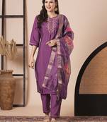 Purple viscosee chanderi embroidered embroidered festive partywear readymade suit