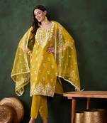 Mustard beautiful roman silk fabric chikankari embroidery work festive wear salwar kameez