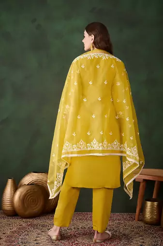 Mustard beautiful roman silk fabric chikankari embroidery work festive wear salwar kameez