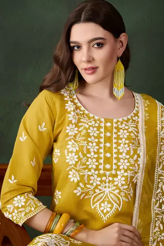 Mustard beautiful roman silk fabric chikankari embroidery work festive wear salwar kameez