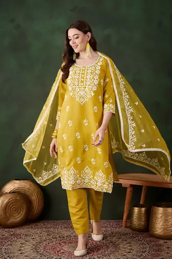 Mustard beautiful roman silk fabric chikankari embroidery work festive wear salwar kameez