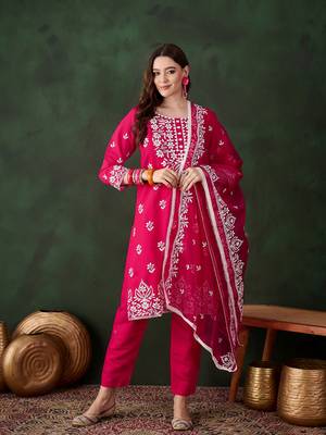 Pink beautiful roman silk fabric chikankari embroidery work festive wear salwar kameez 1