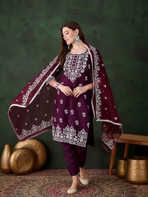 Purple beautiful roman silk fabric chikankari embroidery work festive wear salwar kameez 1