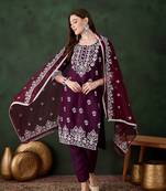 Purple beautiful roman silk fabric chikankari embroidery work festive wear salwar kameez