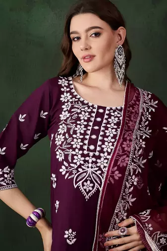 Purple beautiful roman silk fabric chikankari embroidery work festive wear salwar kameez
