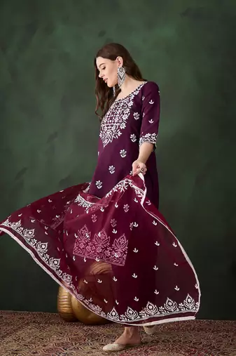 Purple beautiful roman silk fabric chikankari embroidery work festive wear salwar kameez