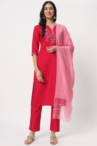 Pink cotton designer embroidery work readymade salwar kameez set for formal festive look