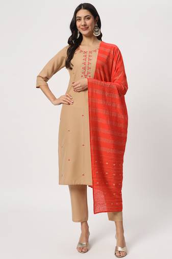 Beige cotton designer embroidery work readymade salwar kameez set for formal festive look