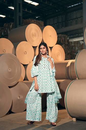 Blue cotton fabric readymade party dress with designer print design