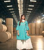 Sea green cotton fabric readymade party dress with designer print design