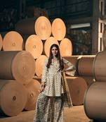 Beige cotton fabric readymade party dress with designer print design