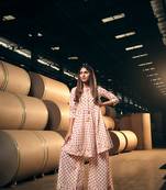 Pink cotton fabric readymade party dress with designer print design