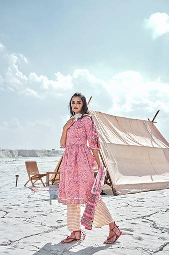 Pink cotton fabric readymade party dress with designer print design