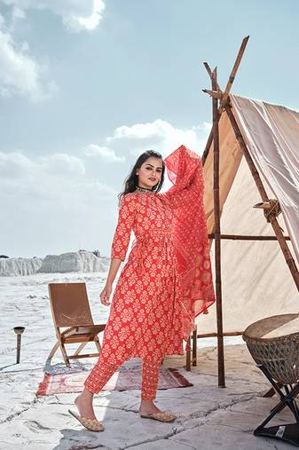 Orange cotton fabric readymade party dress with designer print design