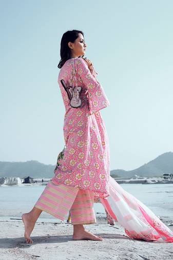 Pink cotton fabric readymade party dress with designer print design