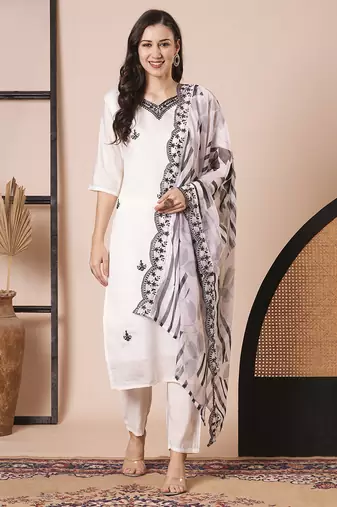 White pv chanderi fabric embroidery work with printed stitched suit