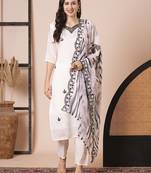 White pv chanderi fabric embroidery work with printed stitched suit