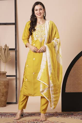 Mustard pv chanderi fabric embroidery work stitched suit