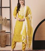Mustard pv chanderi fabric embroidery work stitched suit
