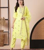 Yellow viscose jacquard fabric readymade suit with wevon and embroidery work