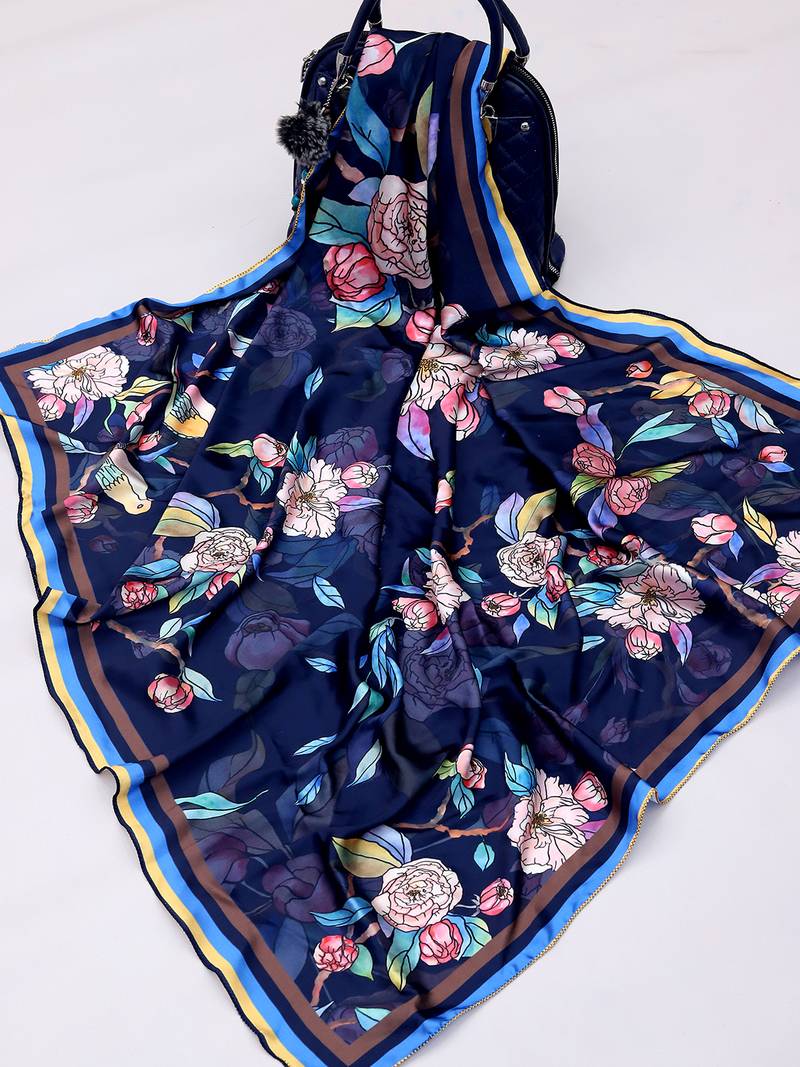 women's stylish square satin trendy digital printed fashion head neck scarf stole wrap hijab dupatta