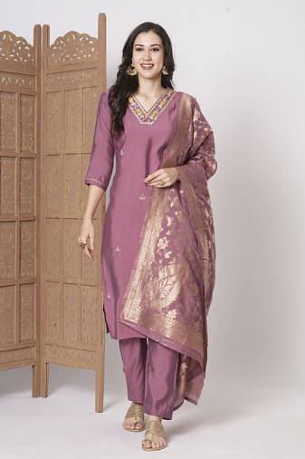 Pink pv chanderi fabric readymade suit with wevon and embroidery work