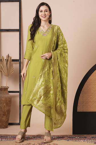 Green pv chanderi fabric readymade suit with wevon and embroidery work