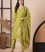 Green pv chanderi fabric readymade suit with wevon and embroidery work