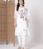 White faux georgette fabric readymade suit with embroidery work