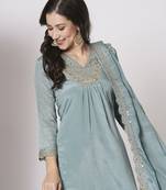 Blue chinon fabric readymade suit with embroidery work