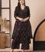 Black cotton blend embroidery work and printed readymade ceremonial dress