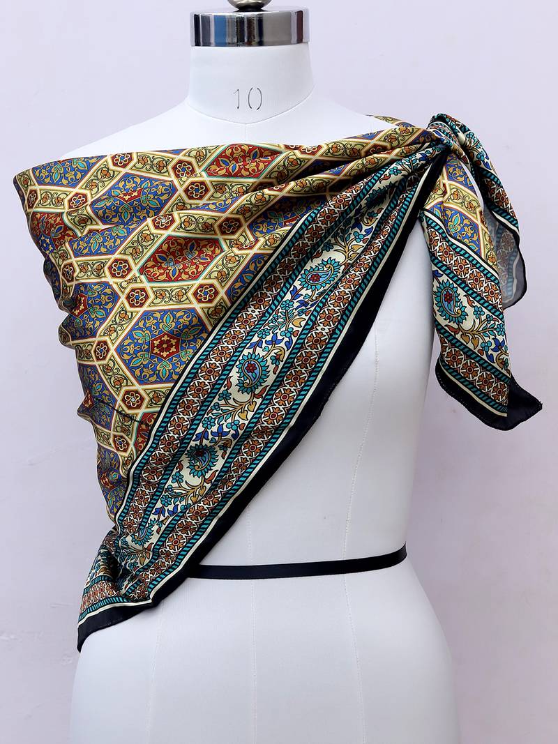 women's stylish square satin trendy digital printed fashion head neck scarf stole wrap hijab dupatta