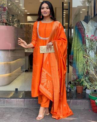 Orange beautiful viscosee chanderi wevon and embroidery work stitched salwar kameez 2