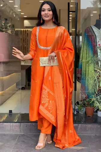 Orange beautiful viscosee chanderi wevon and embroidery work stitched salwar kameez