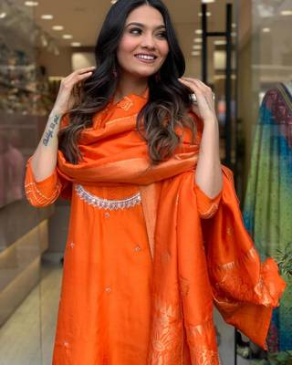 Orange beautiful viscosee chanderi wevon and embroidery work stitched salwar kameez 3