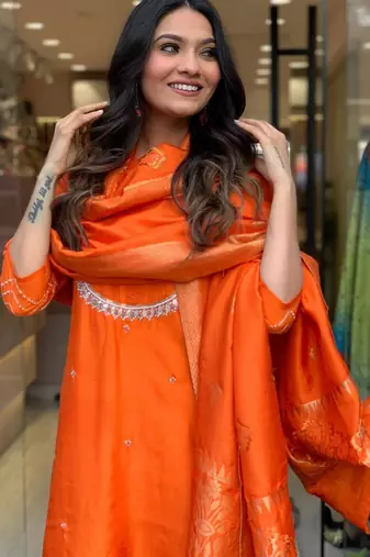 Orange beautiful viscosee chanderi wevon and embroidery work stitched salwar kameez
