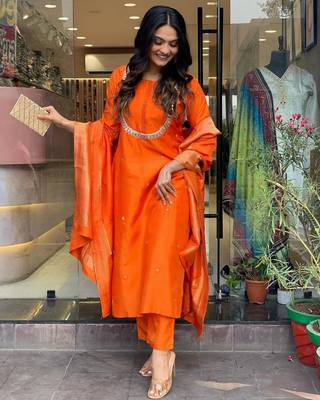 Orange beautiful viscosee chanderi wevon and embroidery work stitched salwar kameez 4