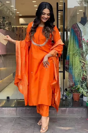 Orange beautiful viscosee chanderi wevon and embroidery work stitched salwar kameez