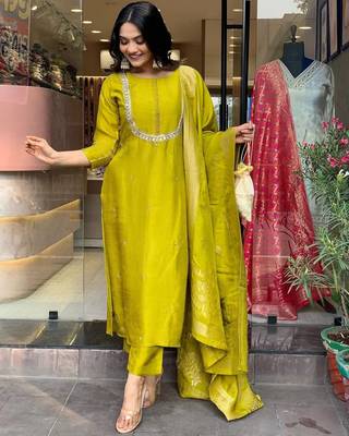 Yellow beautiful viscosee chanderi wevon and embroidery work stitched salwar kameez 1