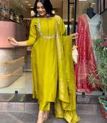 Yellow viscosee chanderi wevon and embroidery work stitched salwar kameez