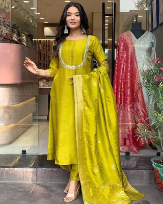 Yellow beautiful viscosee chanderi wevon and embroidery work stitched salwar kameez 2