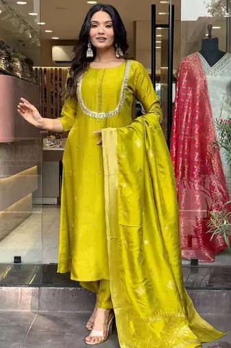 Yellow beautiful viscosee chanderi wevon and embroidery work stitched salwar kameez